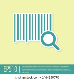 Green Search barcode icon isolated on yellow background. Magnifying glass searching barcode. Barcode label sticker. Research barcode.  Vector Illustration