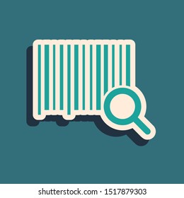 Green Search barcode icon isolated on blue background. Magnifying glass searching barcode. Barcode label sticker. Research barcode. Long shadow style. Vector Illustration