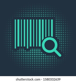 Green Search barcode icon isolated on blue background. Magnifying glass searching barcode. Barcode label sticker. Research barcode. Abstract circle random dots. Vector Illustration