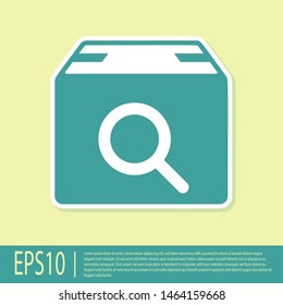 Green Search package icon isolated on yellow background. Parcel tracking symbol. Magnifying glass and cardboard box. Logistic and delivery.  Vector Illustration