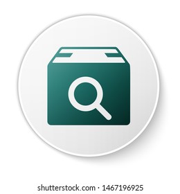 Green Search package icon isolated on white background. Parcel tracking symbol. Magnifying glass and cardboard box. Logistic and delivery. White circle button. Vector Illustration