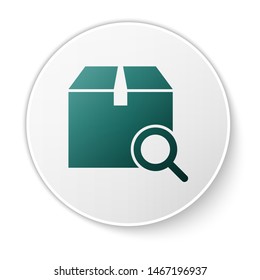 Green Search package icon isolated on white background. Parcel tracking symbol. Magnifying glass and cardboard box. Logistic and delivery. White circle button. Vector Illustration
