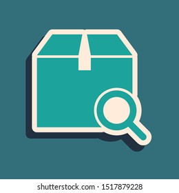 Green Search package icon isolated on blue background. Parcel tracking symbol. Magnifying glass and cardboard box. Logistic and delivery. Long shadow style. Vector Illustration