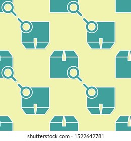 Green Search package icon isolated seamless pattern on yellow background. Parcel tracking symbol. Magnifying glass and cardboard box. Logistic and delivery.  Vector Illustration