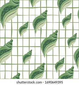 Green seashells seamless pattern on stripes background. Geometric sea shell vector illustration in doodle style.  Design for fabric, textile print, wrapping paper, cover.