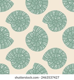 Green seashells seamless pattern. Trendy pattern of shark eye snail for wrapping paper, wallpaper, notebook cover.