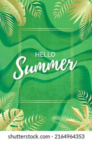 Green Season Banner. Golden Tropical Leaves. White Text Hello Summer. Flowing Background. Vintage Texture. Vector Illustration.