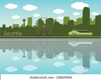 Green Seattle skyline silhouette, blue sky with clouds, reflection