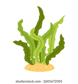 Green seaweed on a sandy patch. Underwater plant illustration. Ideal for marine life, ocean, or aquarium designs. Vector graphic.