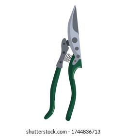 Green secateur on white background isolated. Professional garden tool for trimming and tree care vector illustration icon design. 