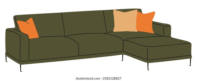 Green sectional sofa with orange pillows. The sofa is long corner and has a retro mid century modern design. vector outline hand drawn illustration isolated on white background