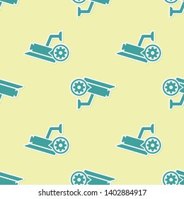 Green Security camera and gear icon isolated seamless pattern on yellow background. Adjusting app, service concept, setting options, maintenance, repair, fixing. Vector Illustration