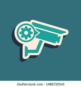Green Security camera and gear icon isolated on blue background. Adjusting app, service concept, setting options, maintenance, repair, fixing. Long shadow style. Vector Illustration