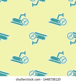 Green Security camera with screwdriver and wrench icon isolated seamless pattern on yellow background. Adjusting, service, setting, maintenance, repair, fixing.  Vector Illustration