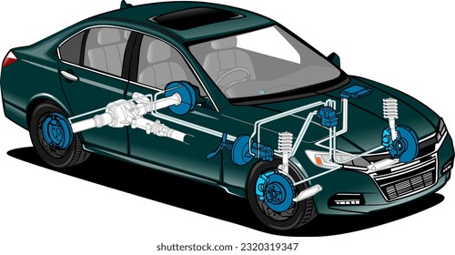 green sedan car seen through brake system engine concept technology vector illustration