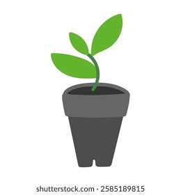 Green seedling in black cup in flat cartoon design. Stem plant growing in plastic pot, domestic greenhouse container for seeds germinating. Gardening, horticulture and farming. Vector illustration