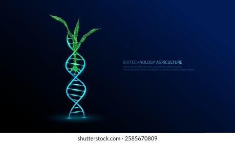 Green seedling corn in DNA helix structure neon polygonal. Biotechnology in cultivation agriculture industry. Plant growth genetic experiment scientific. Vector illustration.