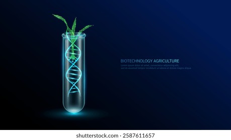 Green seedling corn DNA helix structure neon polygonal in glass test tube. Biotechnology in cultivation agriculture industry. Plant growth genetic experiment scientific. Vector illustration.