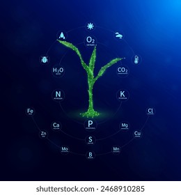 Green seedling corn growing from polygon fertile ground. With icon Oxygen Carbon Dioxide Water H2O and Cloud, Sun. Ad agricultural industry minerals fertilizer. Agriculture environment concept. Vector