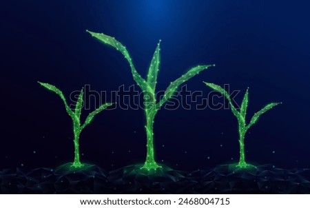 Green seedling corn growing from polygon fertile ground. Ad agricultural industry minerals fertilizer. Agriculture environment concept. Vector EPS10.