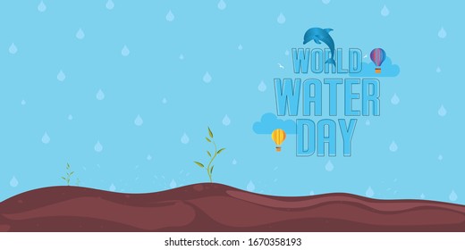 Green seedling growing on the ground in the rain.World Water Day Typographical Design