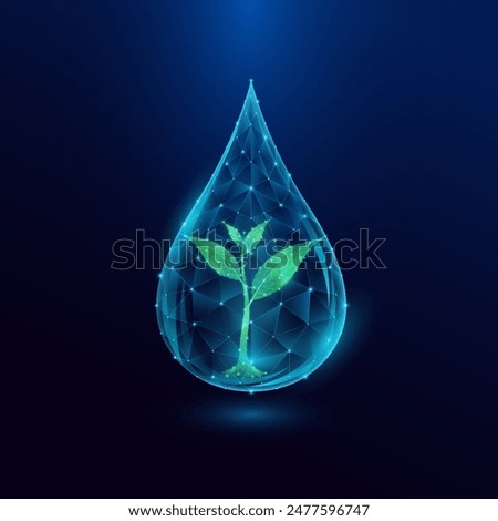 Green seedling growing from polygon in blue water drop. Agriculture environment concept. Use ad the agricultural industry. Vector EPS10.