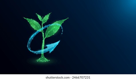 Green seedling growing from polygon fertile ground surrounded by blue arrows. Agriculture environment concept. Use ad the agricultural industry. Banner with copy space for text. Vector EPS10.