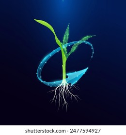 Green seedling growing from polygon surrounded by blue arrows. Agriculture environment concept. Smart farm applying technology in cultivation agriculture industry. Vector EPS10.