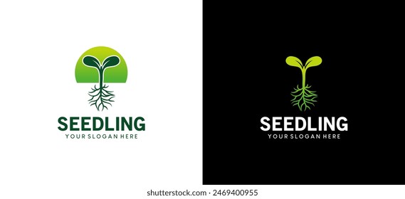 Green seedling logo design, icon symbol of a small plant with roots growing naturally