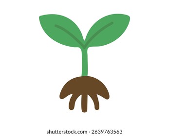 Green seedling with roots isolated on white background, graphic illustration of young plant sprout. concept of growth, ecology, nature, agriculture, botany, gardening, planting, design element, icon.
