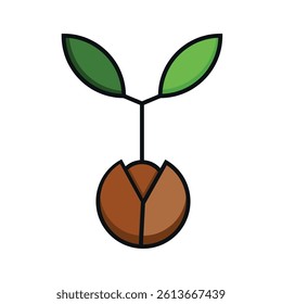 Green seedling sprouting from a seed, featuring delicate leaves and a curved stem representing growth and renewal.