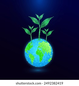 Green seedling three trees sprout growing on planet earth glowing low polygonal. Environmental protection and nature care ecology. Biotechnology. World earth day concept. Vector EPS10.