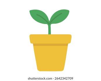 Green seedling in a yellow pot, illustration on white background. concept of gardening, agriculture, growth, plant life, eco-friendly, nature, botanical art, home decor, isolated design, houseplant.