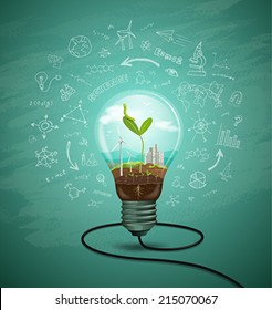 Green seedlings in a light bulb ecology concept design, sketching science background, vector illustration