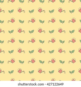Green seedlings and watering-can. Seamless pattern.