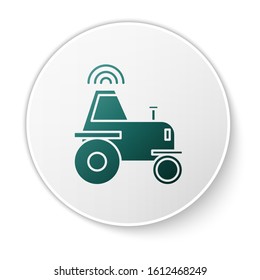 Green Self driving wireless tractor on a smart farm icon isolated on white background. Smart agriculture implement element. White circle button. Vector Illustration