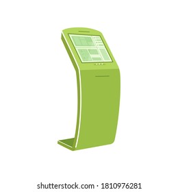 Green self service kiosk flat color vector object. Interactive device for checkout. Touch screen panel for purchasing. Terminal isolated cartoon illustration for web graphic design and animation