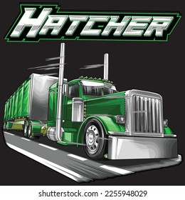 green semi Truck, isolated on black background for business elements, screen printing, digital printing, DTG, DTF and poster.