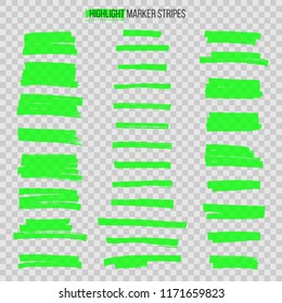 Green semitransparent highlight marker stripes isolated on transparent background. Vector design elements
