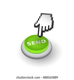 Green 'Send' push button sign emblem vector illustration. Hand with touching a button or pointing finger.