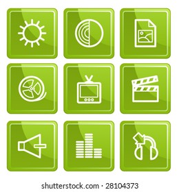 Green senso multimedia icons set. Vector.