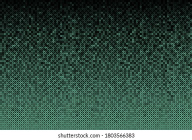 Green sequins, glitters, sparkles, paillettes, mosaic background template. Abstract luxury halftone vector creative backdrop. Glitter rounds gradient trendy. Vibrant green shiny dots glitter texture.
