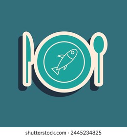 Green Served fish on a plate icon isolated on green background. Long shadow style. Vector