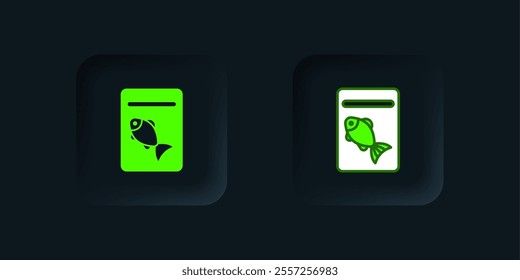 Green Served fish on plate icon isolated on black background. Black square button. Vector