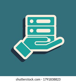 Green Server, Data, Web Hosting icon isolated on green background. Long shadow style. Vector Illustration