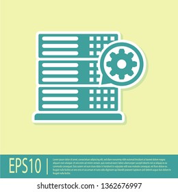 Green Server and gear icon isolated on yellow background. Adjusting app, service concept, setting options, maintenance, repair, fixing. Vector Illustration