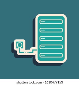 Green Server icon isolated on blue background. Adjusting app, service concept, setting options, maintenance, repair, fixing. Long shadow style. Vector Illustration