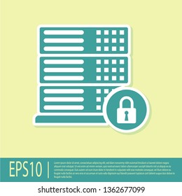 Green Server security with closed padlock icon isolated on yellow background. Security, safety, protection concept. Vector Illustration