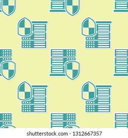 Green Server with shield icon isolated seamless pattern on yellow background. Protection against attacks. Network firewall, router, switch or server, data, center. Flat design. Vector Illustration