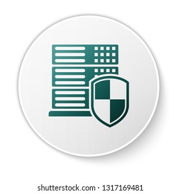 Green Server with shield icon isolated on white background. Protection against attacks. Network firewall, router, switch or server, data, center. Green circle button. Vector Illustration